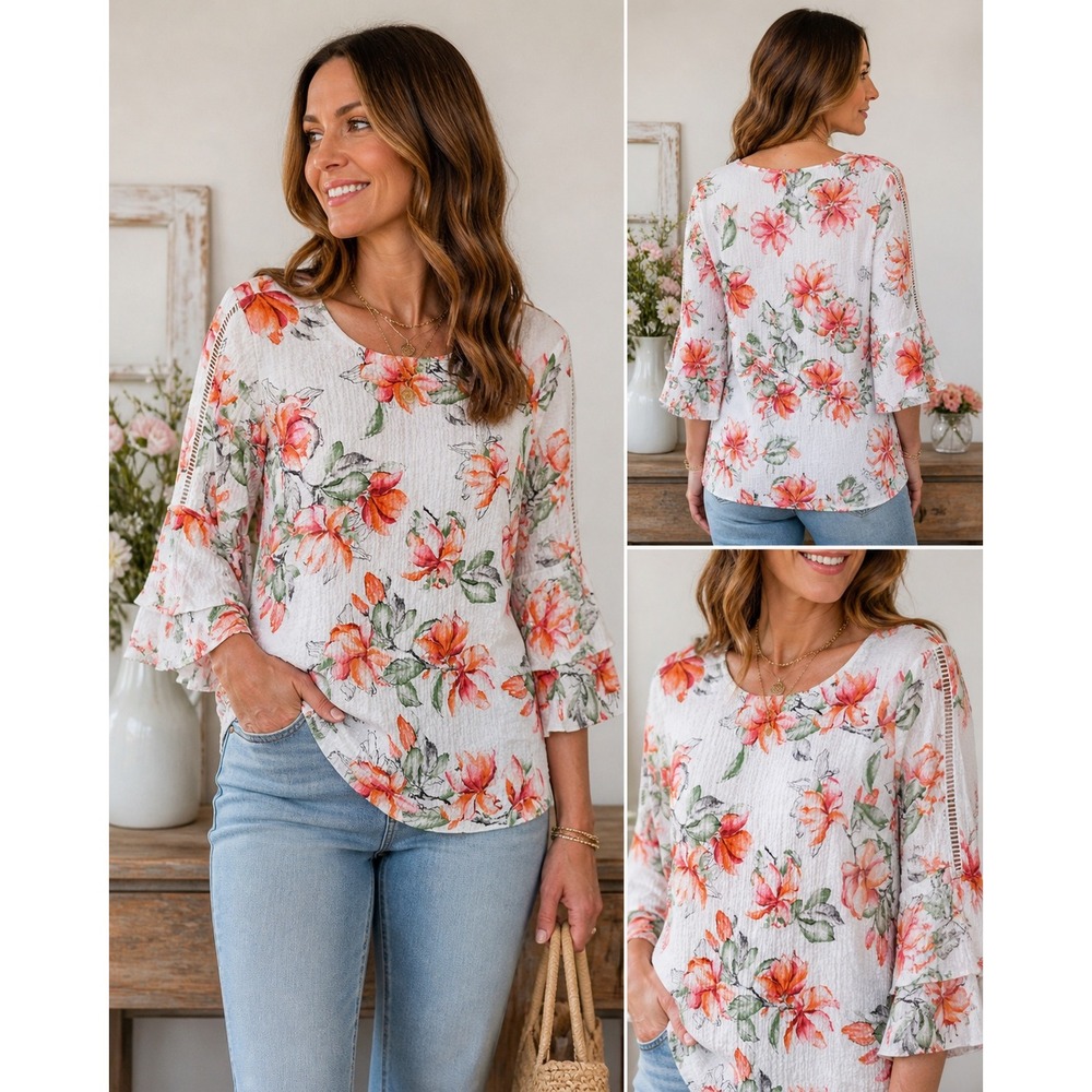 Romantic Floral Cottagecore Blouse Medium Boho Textured Spring Top